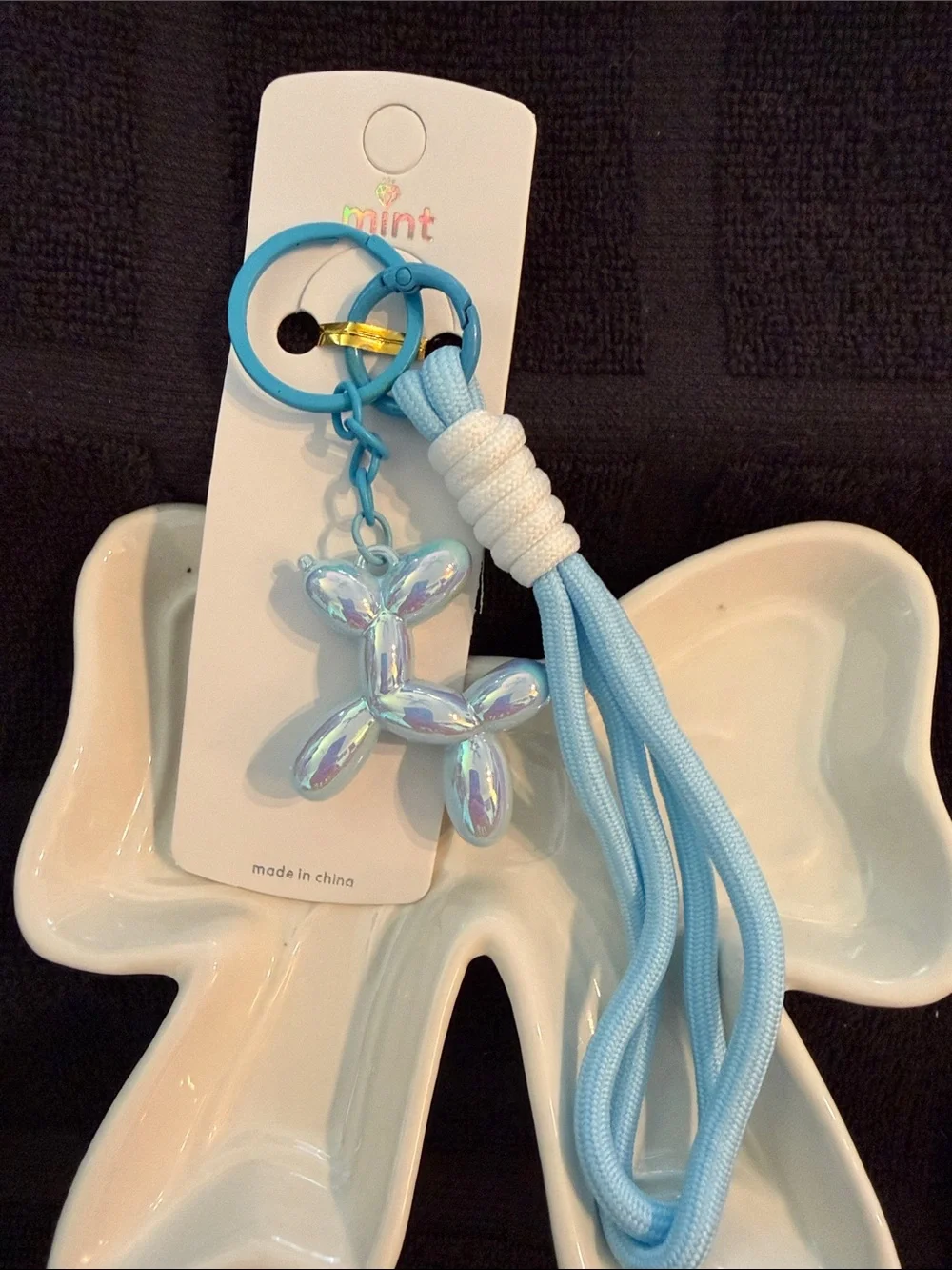 Mint Iridescent Balloon Dog Keychain with Light Blue Tassel